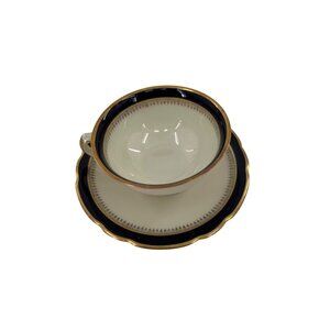 KPM Germany Vintage Porcelain Teacup  Saucer Set Gold Trim And Navy‎ Accent